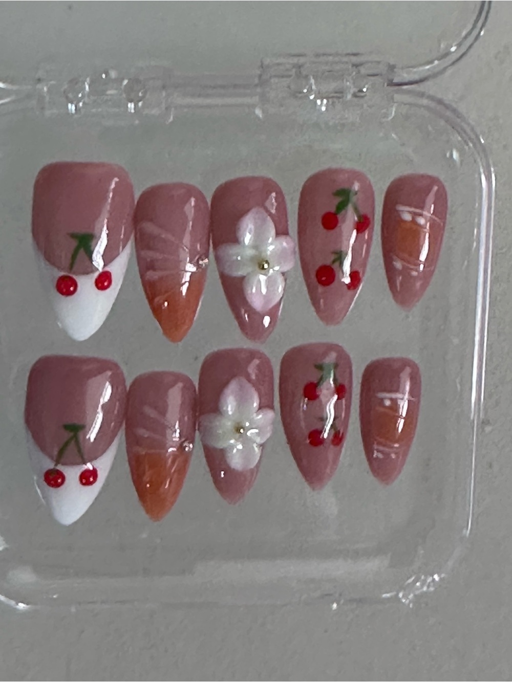 Handmade Cherry & 3D Floral Press-On Nails / Almond Shape / Y2K Nail Art